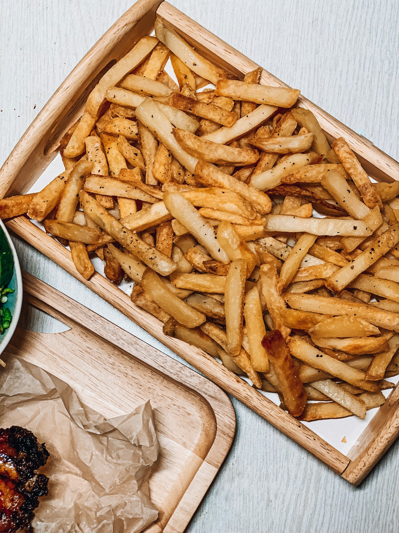 Burger and fries plated up